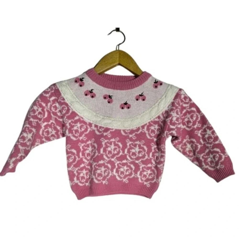 Vtg Acrylic ESprit Girls 4-5 Cherry Roses Pink Chunky Knit Sweater Cottage‎